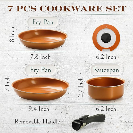Moss & Stone Copper Pots And Pans Set Nonstick, Removable Handle Cookware, Stackable Pots And Pans Set, Dishwasher safe, Induction Pots And Pans, Camping Cookware Set, Aluminum (7 Pcs)