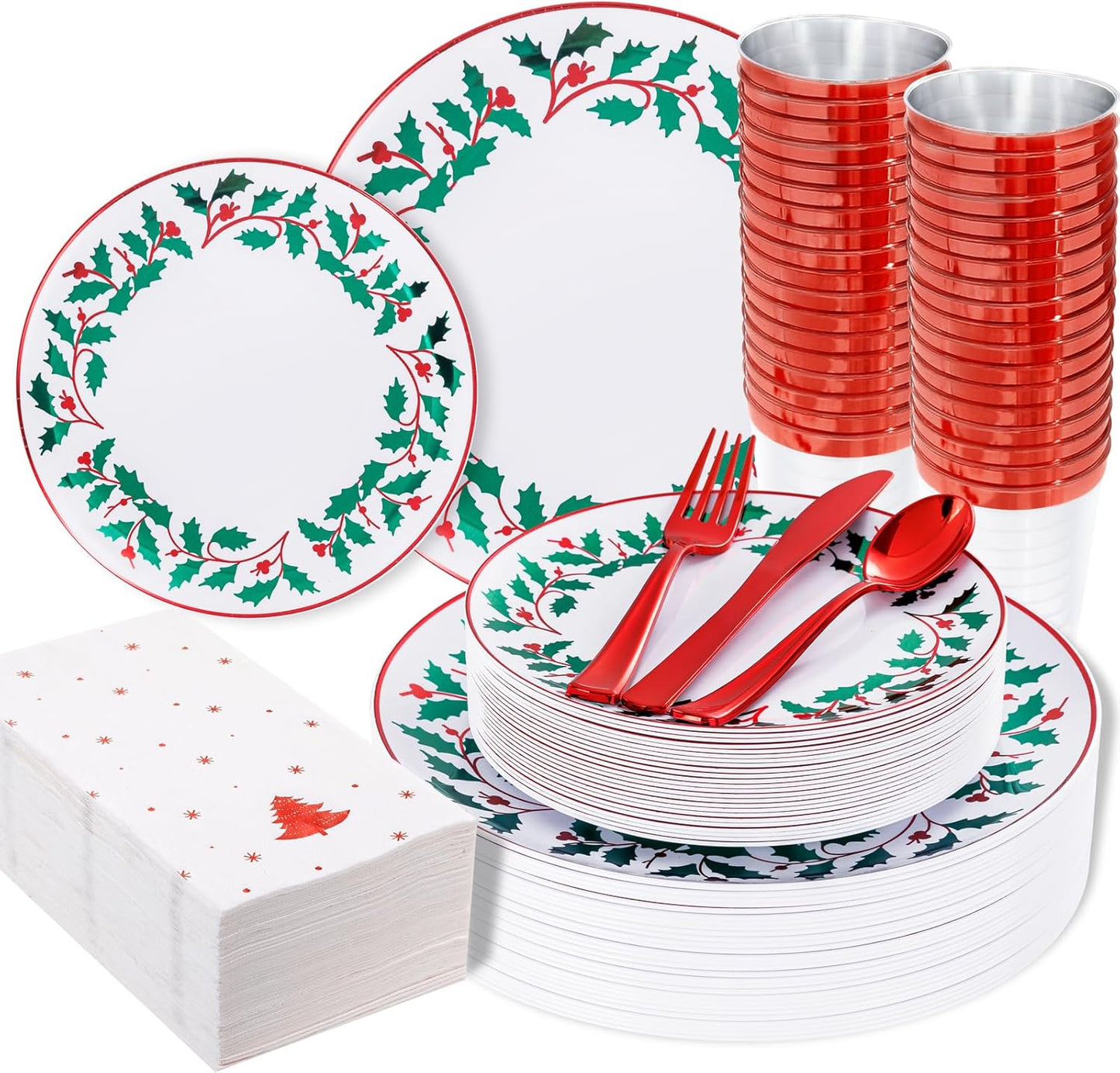 WDF 175Pcs Disposable Christmas Plates & Napkins - 25 Dinner & Dessert Plates, 25 Utensils, 25 Cups, 25 Christmas Napkins