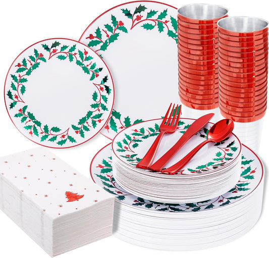 WDF 175Pcs Disposable Christmas Plates & Napkins - 25 Dinner & Dessert Plates, 25 Utensils, 25 Cups, 25 Christmas Napkins