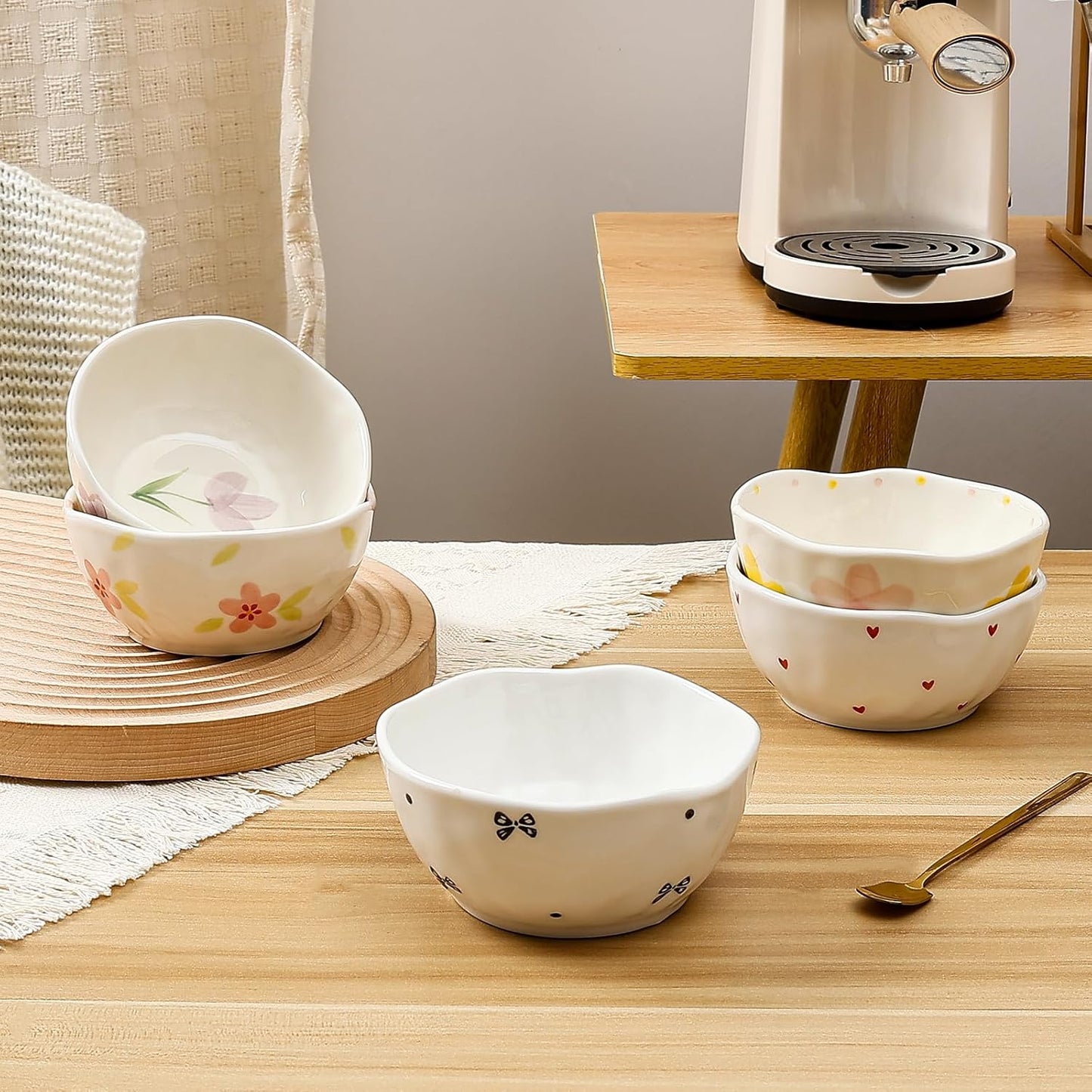 Koythin Ceramic Cereal Bowl, Cute Flowers Pattern Kitchen Bowls for Cereal, Salad, Pasta, Soup, Dessert, Serving, Home Decor, Microwave and Dishwasher Safe (Retro Pink Flower)