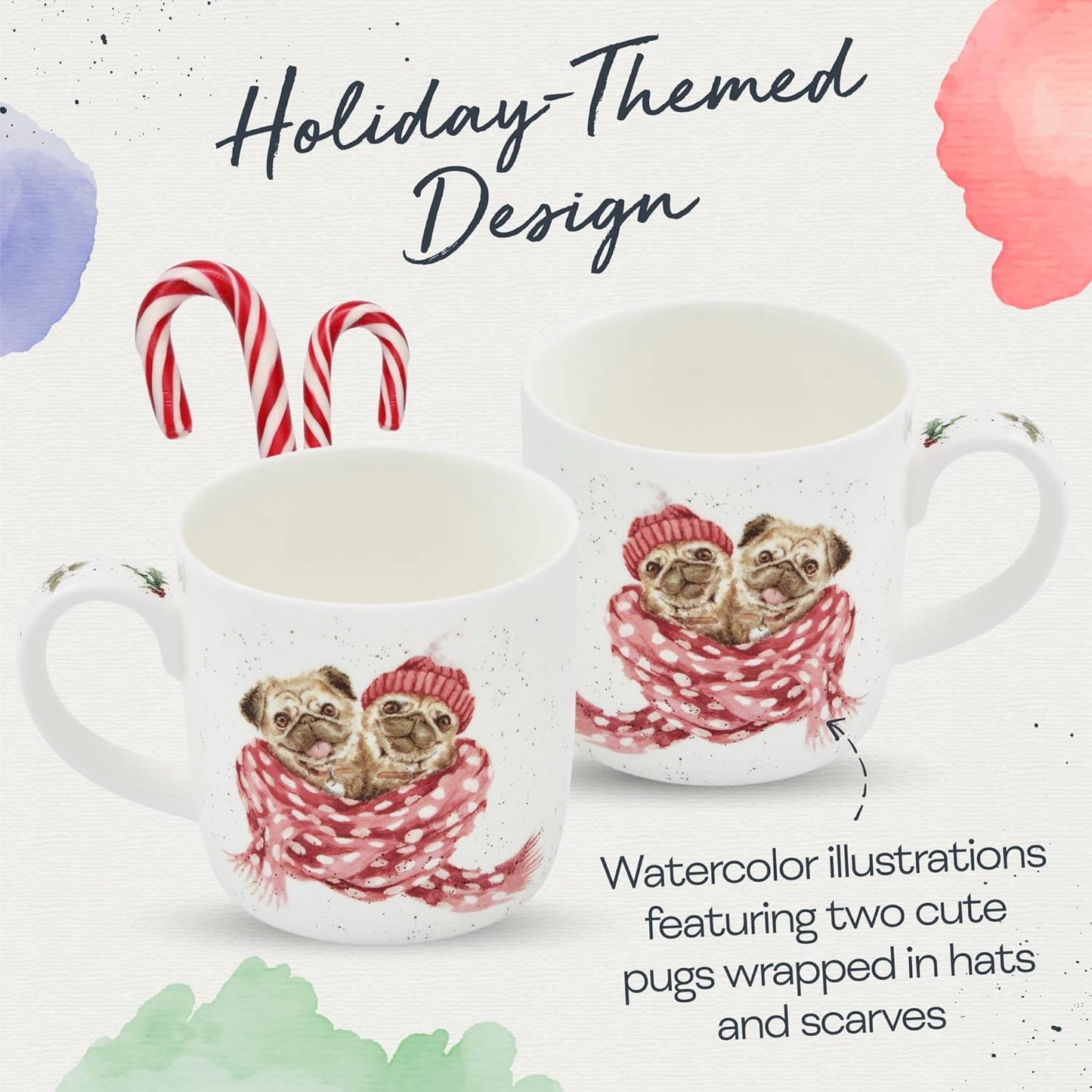 Royal Worcester Wrendale Designs 14 oz Mug, Snug As A Pug with Dog Illustration - Floral Animal Mug for Cottagecore Kitchens - Microwave, Dishwasher, Freezer Safe Fine Bone China Drinkware