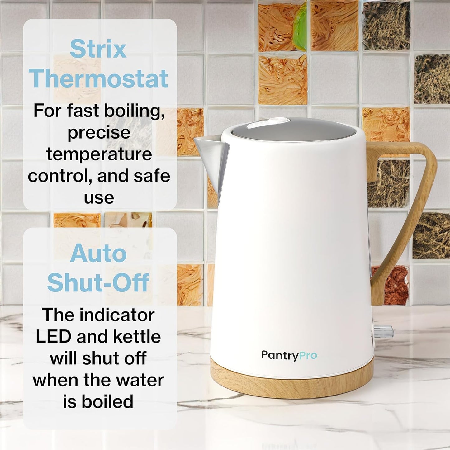 1.7L 1500W Wide Mouth Electric Kettle - Stainless Steel Interior - Rapid-Boil - Auto Shut-Off, Boil-Dry Protection, Cool-Touch, LED Indicator - White by The Display Guys