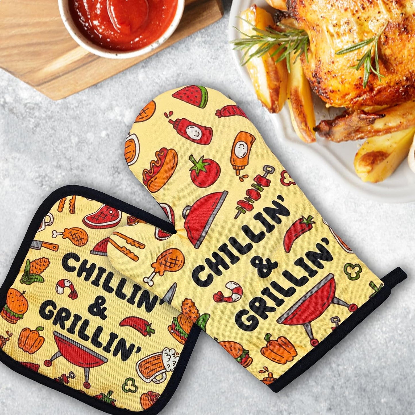 Funny BBQ Oven Mitts and Pot Holders（Set of 2） Chillin' and Grillin' Silicone Non-Slip Oven Mitts Funny Kitchen Heat Resistant Mitts Gifts for Hostess Chef Grilling Master BBQ Lover Friend