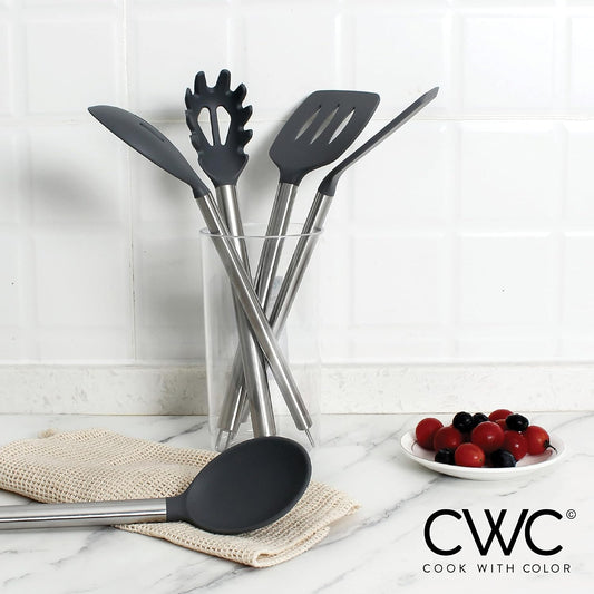 COOK WITH COLOR Silicone Cooking Utensils, Kitchen Utensil Set, Easy to Clean Silicone Kitchen Utensils, Cooking Utensils for Nonstick Cookware, Kitchen Gadgets Set, 5 Pieces, Gray - Stainless Steel