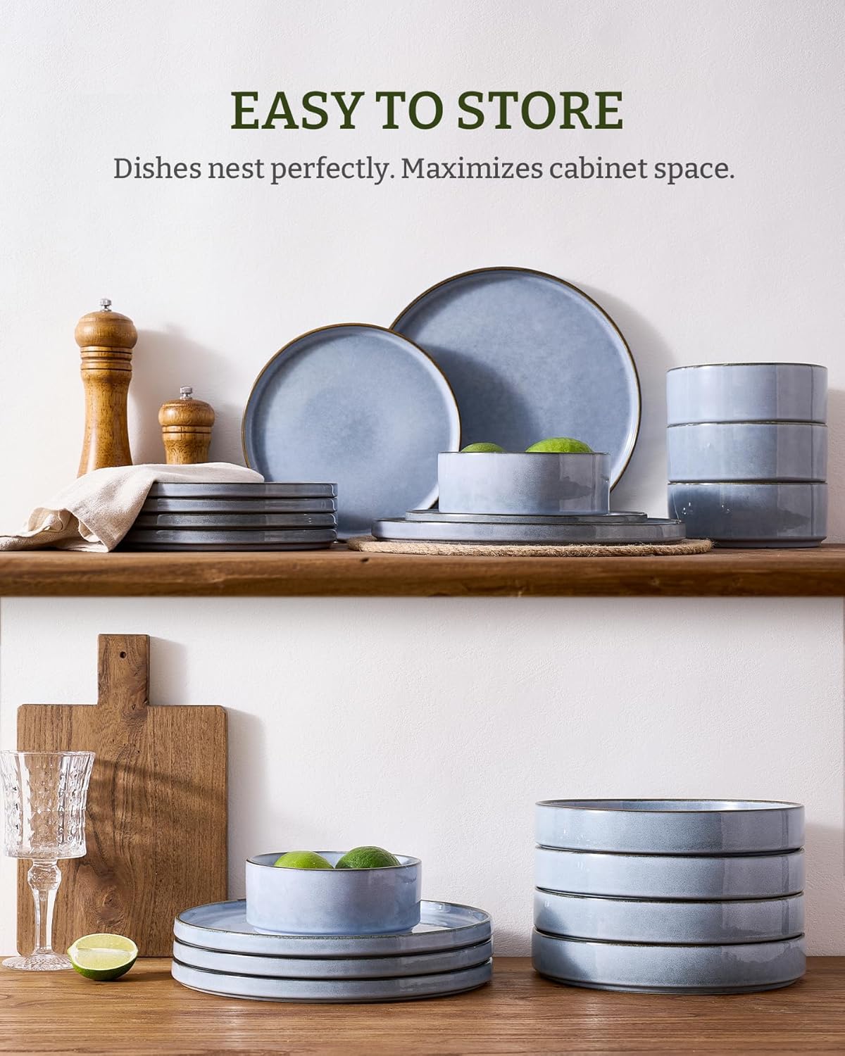 Famiware Annecy Plates and Bowls Sets, Service for 4 (16 Pieces), Dinnerware Sets with Pasta Bowls, Microwave and Dishwasher Safe Dishes Set, Chip and Scratch Resistant, Reactive Blue