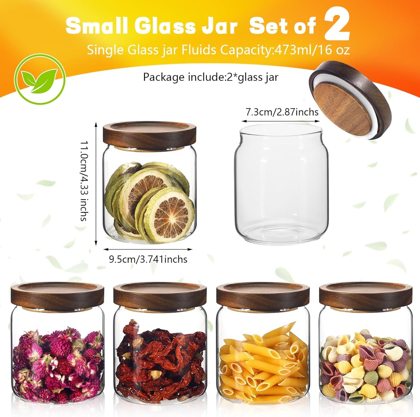 Glass Spice Jars Seasoning Containers Small Glass Jars with Lids Airtight Food Storage Canister for Kitchen Pantry Sugar Tea Coffee Bean Nuts Cookies Herbs Salt (16oz/473ml*2 Pcs)