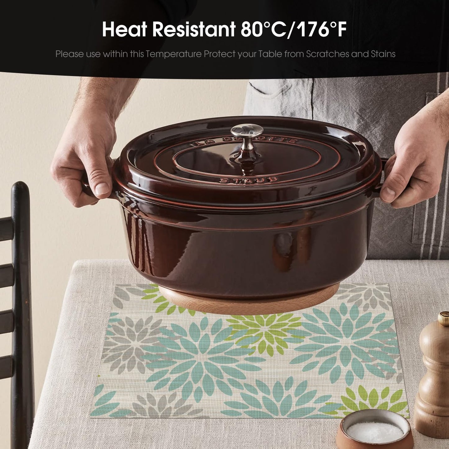 Artoid Mode Floral Vinyl Placemats Set of 6, Heat Resistant Washable Non-Slip Plistic PVC Place Mats for Party Kitchen Dining Decor, Sage