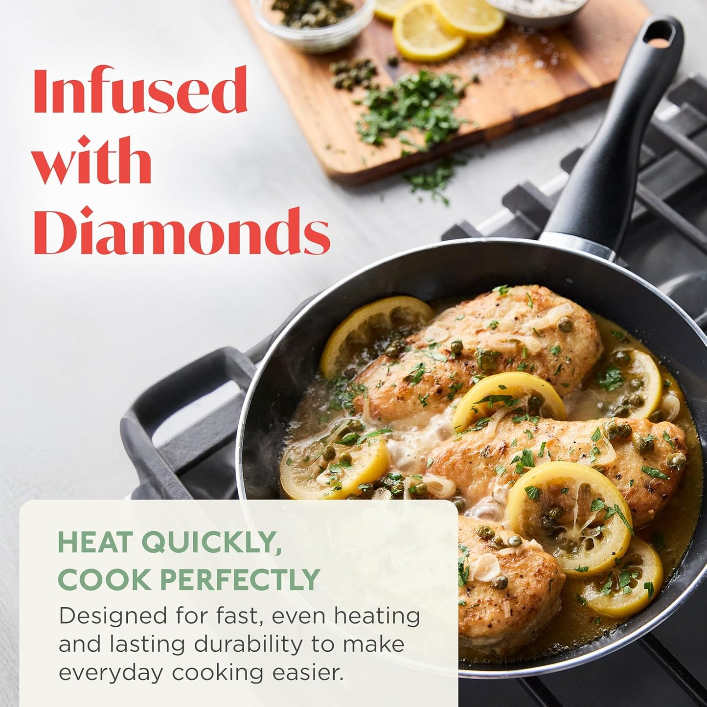 Deco 9.5” Nonstick Frying Pan Skillet, Made in Italy, Diamond Ceramic PFAS-Free, Dishwasher & Metal Utensil Safe, Durable Gloss Enamel Finish, Stay-Cool Handle, High Walls-Extra Room, Gray