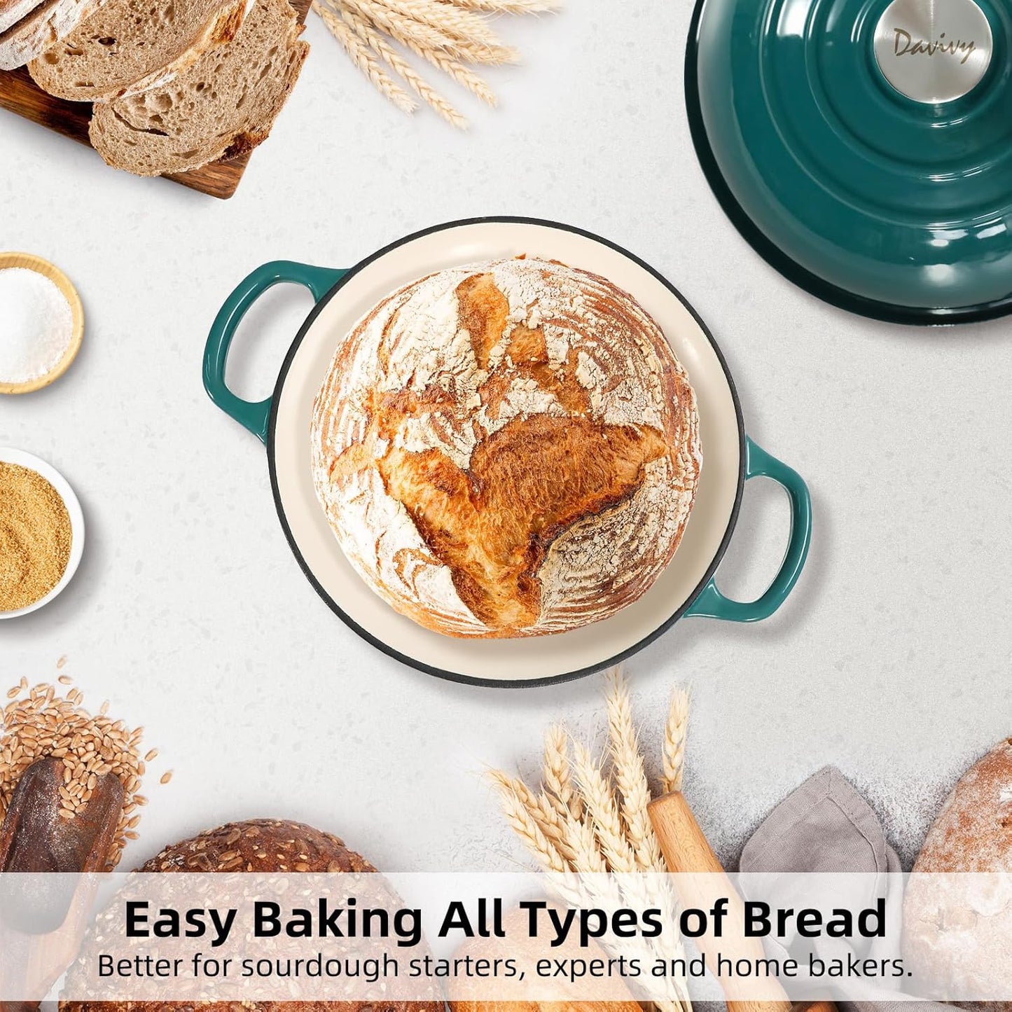 Davivy 5.5QT Dutch Oven for Sourdough Bread, Enameled Cast Iron Dutch Oven with Lid, 10" Round Sourdough Bread Oven, Bread Cloche for Bread Baking - Gradient Teal