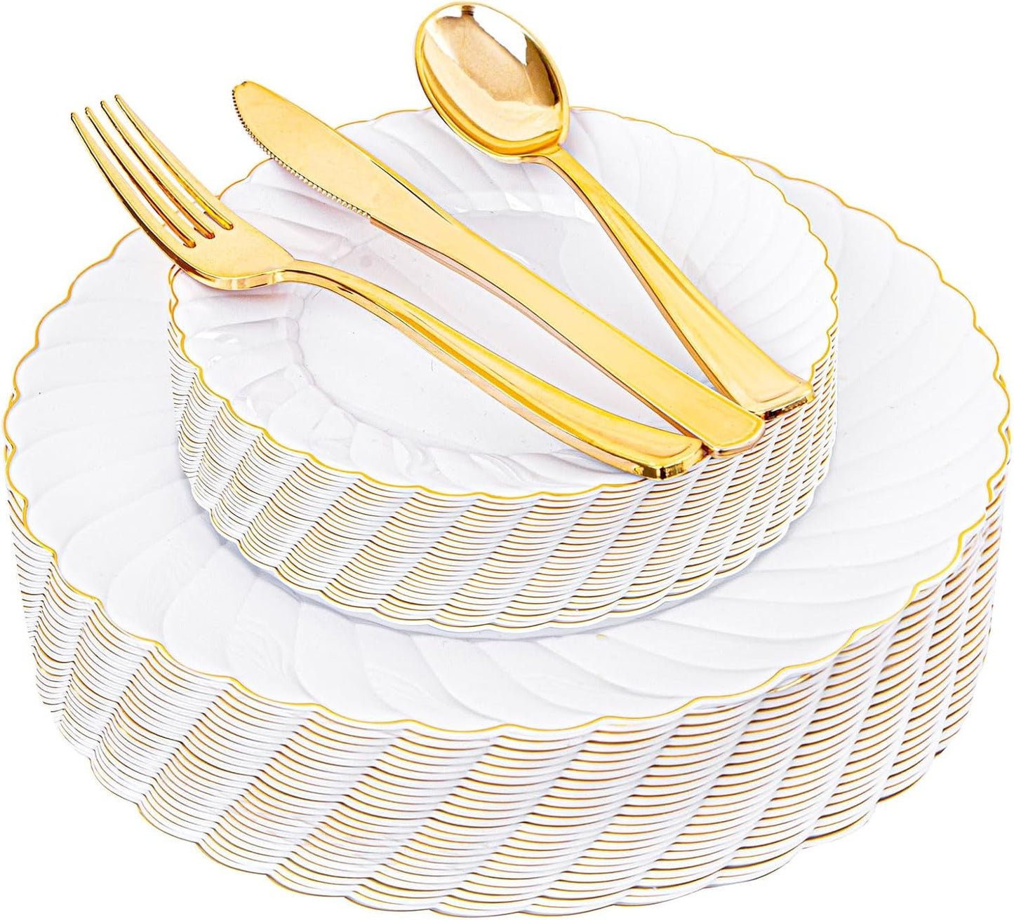 YOUBET 125PCS White Plastic Plates with Gold Rim, Gold Plates Disposable with Golden Silverware Include 25 Dinner Plate 25 Dessert Plate 25 Forks 25 Knives 25 Spoons For Wedding, Parties Thanksgiving