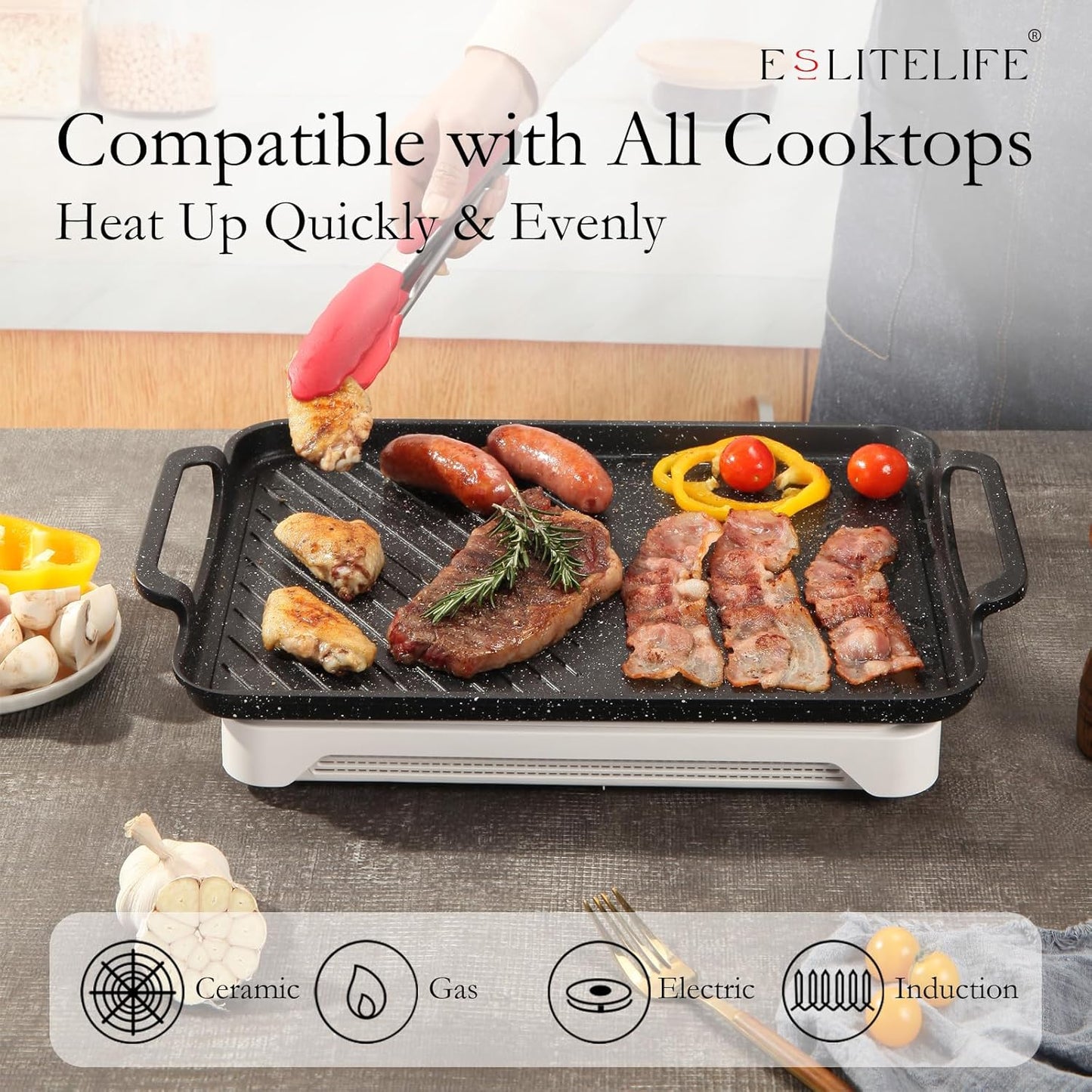 ESLITE LIFE 11" x 17" Nonstick Grill Pan for Indoor Cooking & Outdoor Grilling, Versatile 2-In-1 Induction Large Steak Pan for Stove Tops, PFOA Free, Black