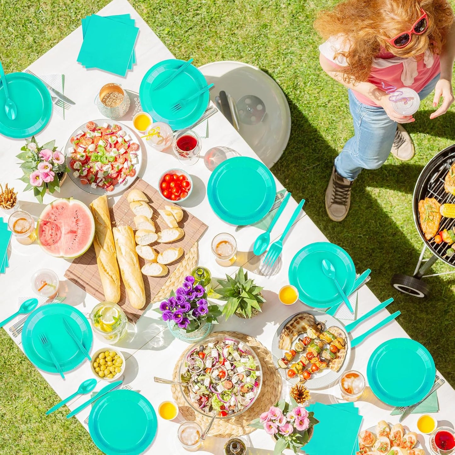 TWOWYHI 228PCS Teal Blue Party Supplies Set Include Paper Plates Cups Teal Blue Napkins Plastic Spoons Forks Knives for 30 Guests Disposable Party Dinnerware for Birthday Wedding Family Picnic