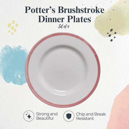 Portmeirion Potter's Brushstroke Dinner Plate (Set of 4) - 10.5" Earthenware Plate with Classic Brushstrokes - Microwave, Dishwasher, Freezer, Oven Safe - Ideal Modern Dinnerware Set (Red)