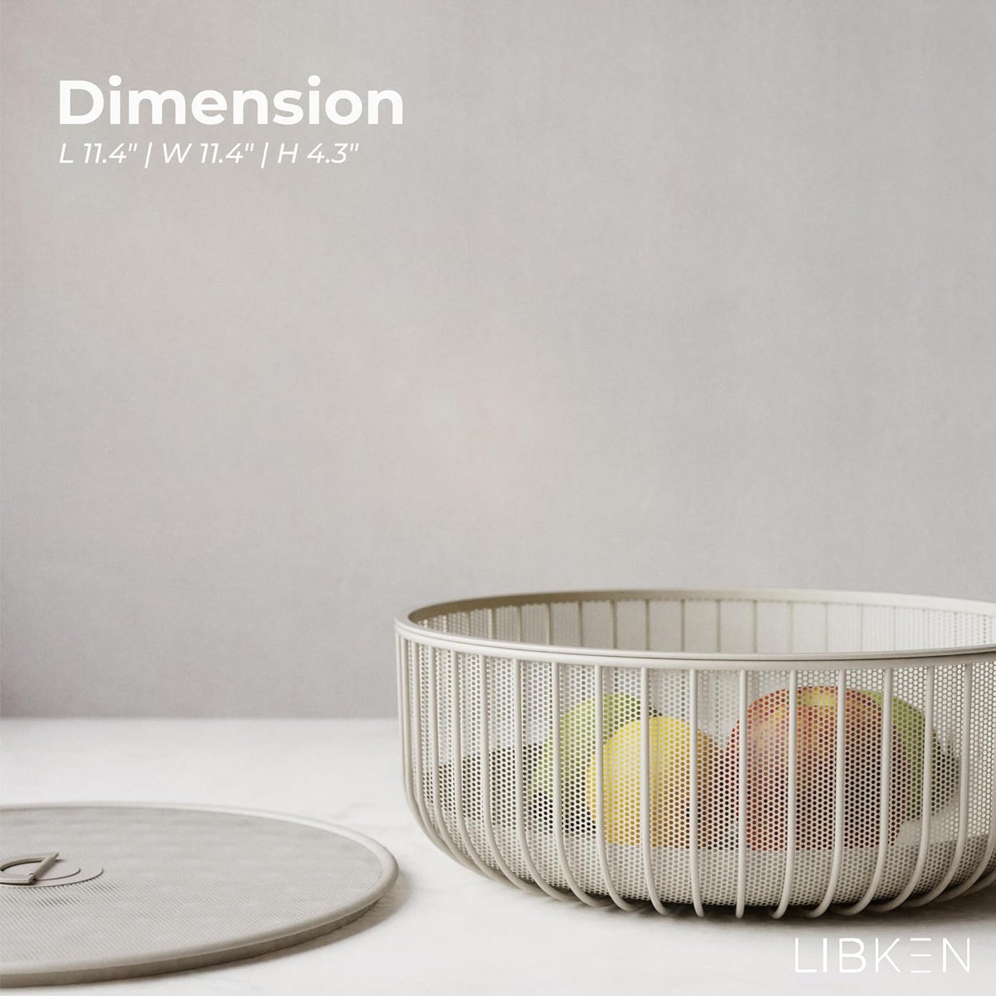 Metal Fruit Bowl with Mesh Lid and Basket - Fruit and Vegetable Holder for Kitchen Counter - Versatile and Durable Storage Basket Organizer for Fruit, Veggie, Snacks - 11x11x4-Inch (Warm Gray)