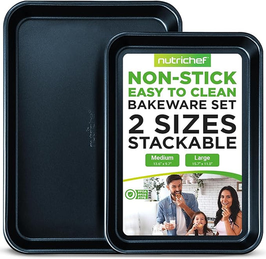 NutriChef 2-Piece Non-Stick Baking Sheet Pan Set - Premium Carbon Steel Cookie Sheets for Baking - Large and Medium Size Nonstick Oven Baking Trays - Blue Diamond