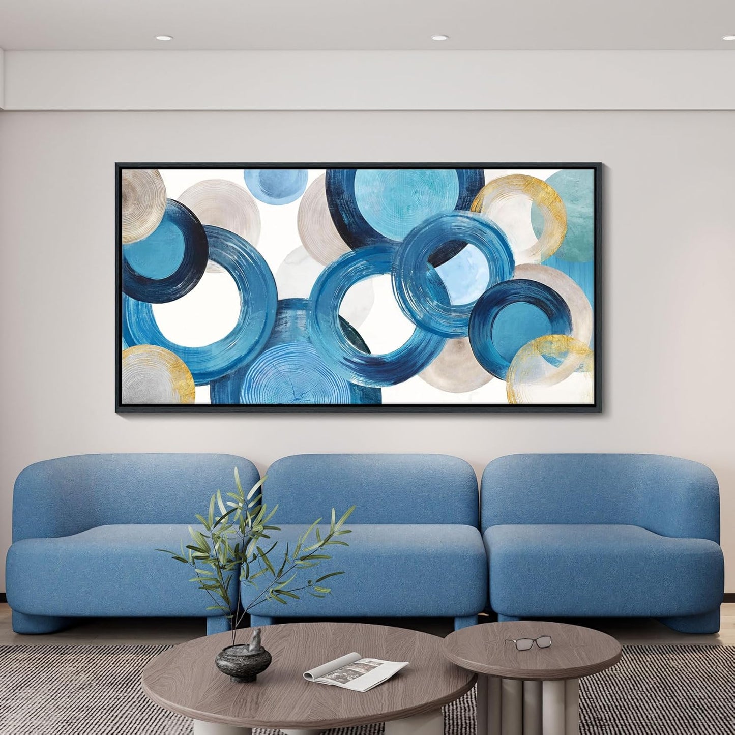 HKDGOKA Abstract Canvas Wall Art Bedroom Large Wall Art for Living Room Teal Blue Circle Graffiti Bathroom Pictures Ready to Hang for Kitchen Office Home farmhouse Decor 24x48 In