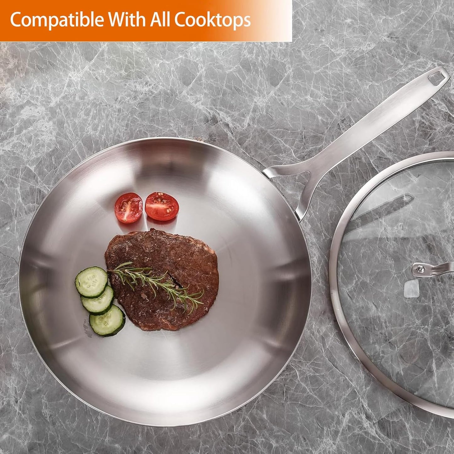 DELARLO Tri-Ply Stainless Steel 8 inch Frying Pan With Lid, Oven Safe Induction Skillet, Suitable for All Stoves Up to 600℉（Lids 300℉）