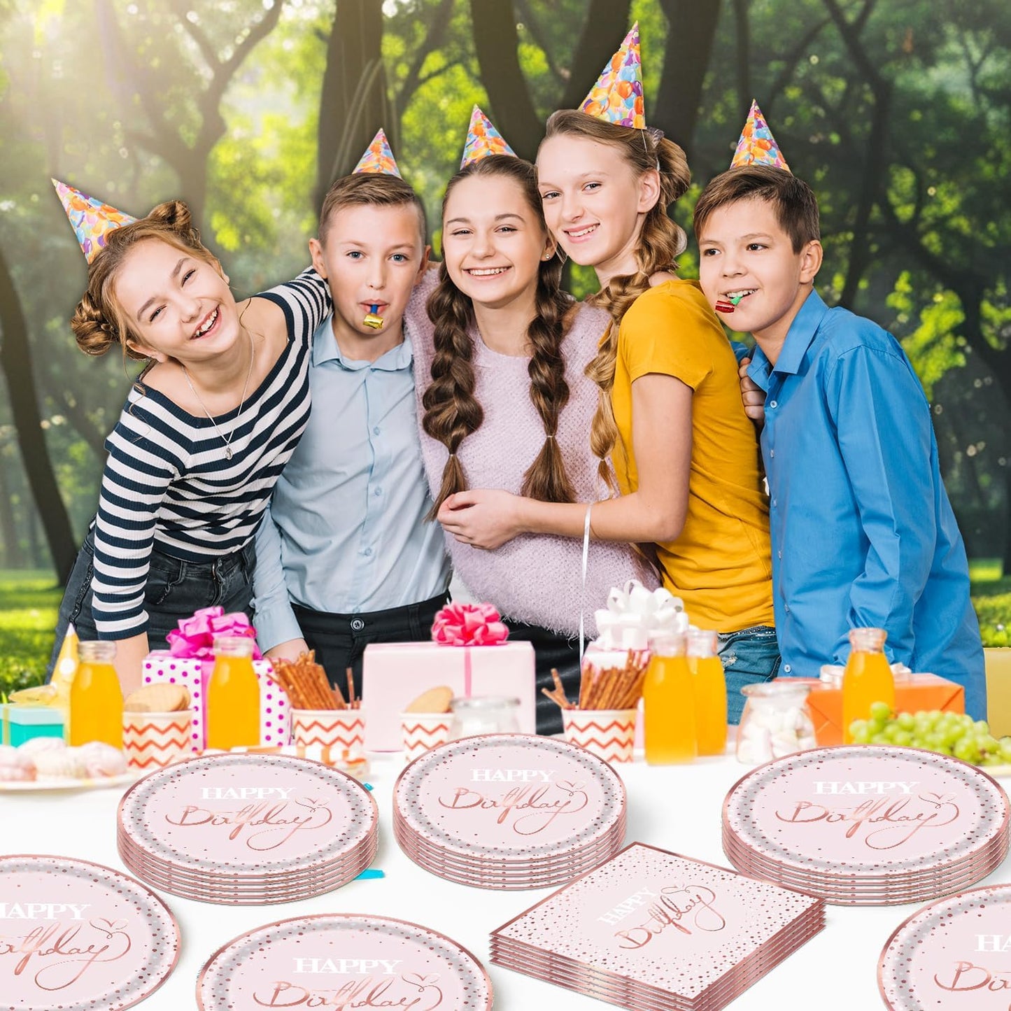 140 Pcs Pink Rose Gold Birthday Decorations for Women Golden Dot Paper Plates Napkins Cups for Baby Shower Decorations Serves 20