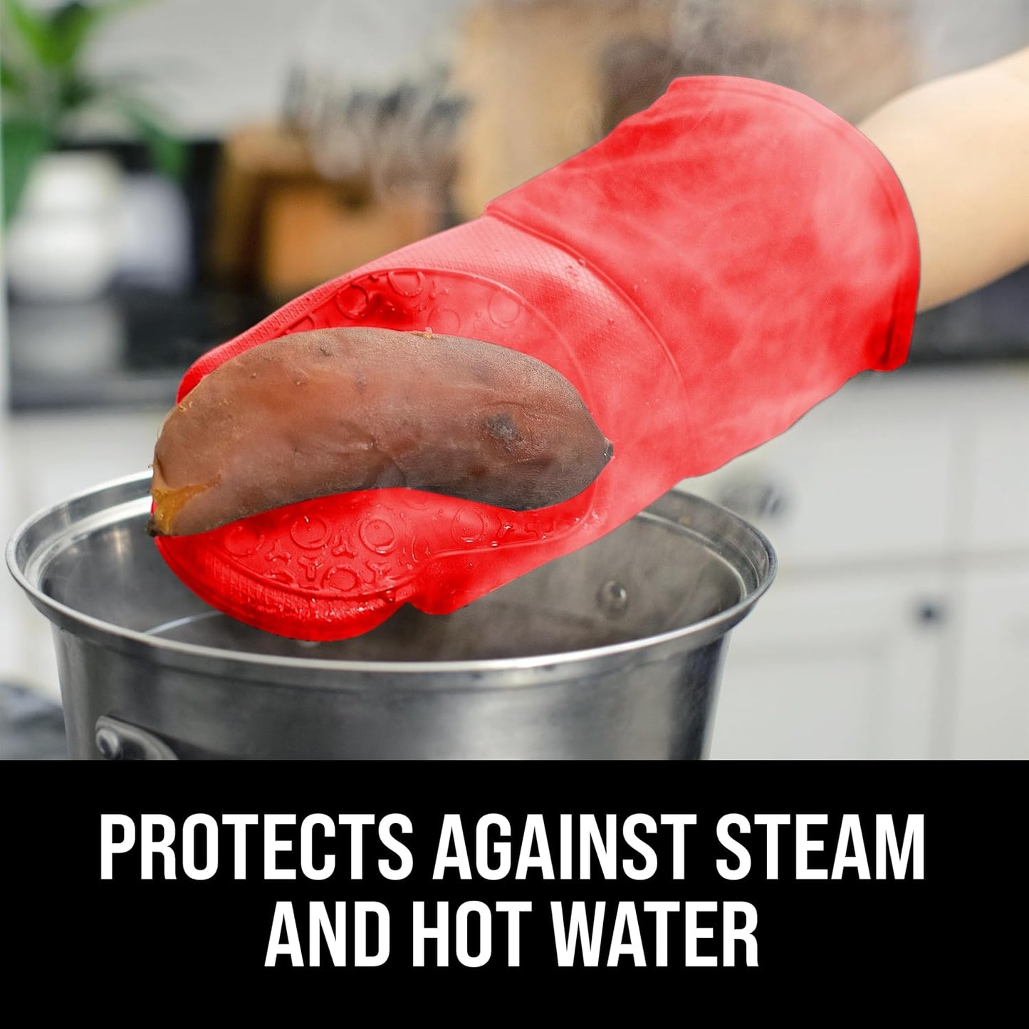 BPA-Free Silicone Oven Mitts Ultra Heat Resistant up to 500°F - Oven Mitts with Thick Cotton Liner - Long Slip Resistant Pot Holders, Flexible Oven Gloves - Canyon Red 13.7