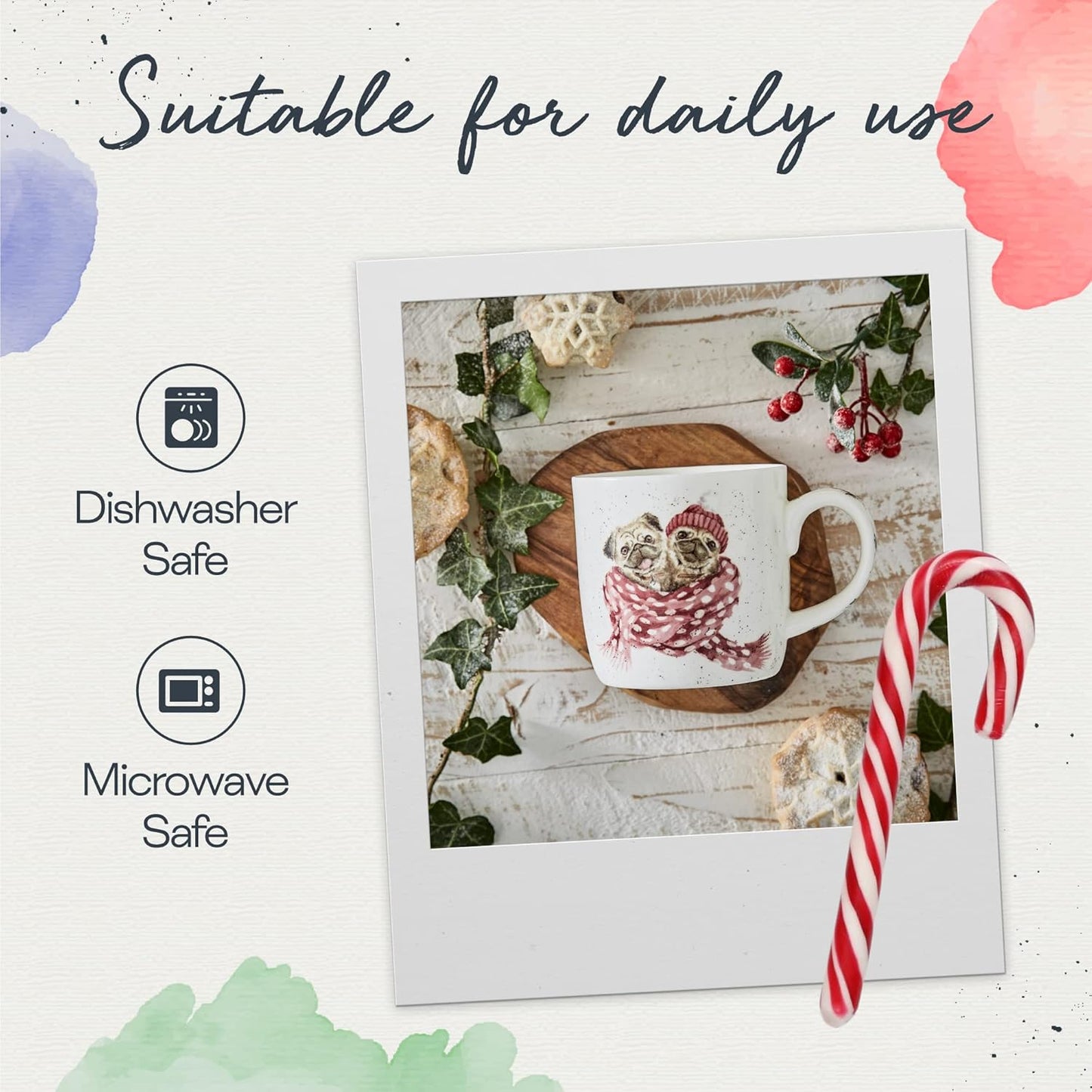 Royal Worcester Wrendale Designs 14 oz Mug, Snug As A Pug with Dog Illustration - Floral Animal Mug for Cottagecore Kitchens - Microwave, Dishwasher, Freezer Safe Fine Bone China Drinkware