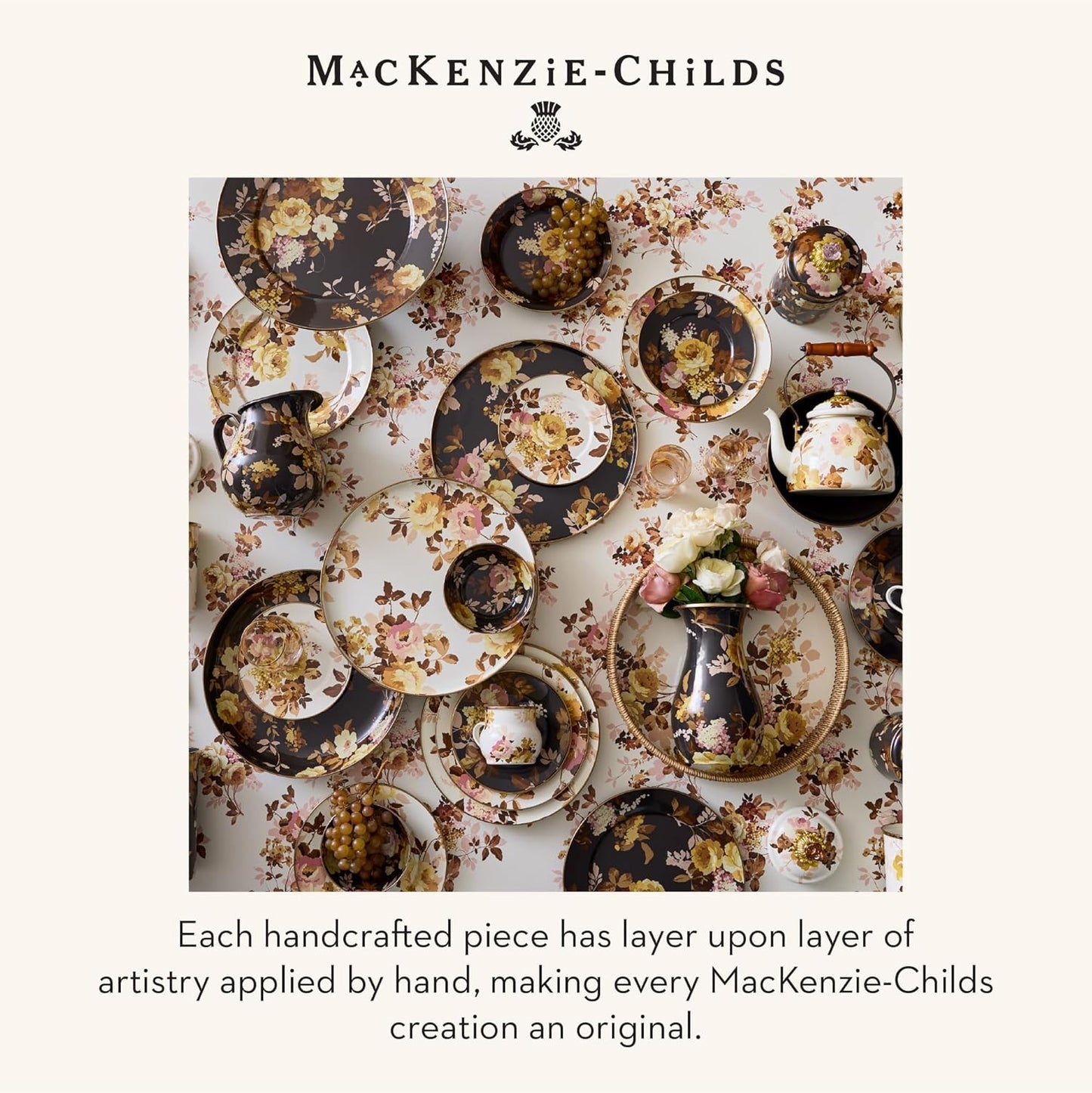 MACKENZIE-CHILDS Enamel Round Tray, Unique Serving Platter for Food and Drinks, Wild Rose White