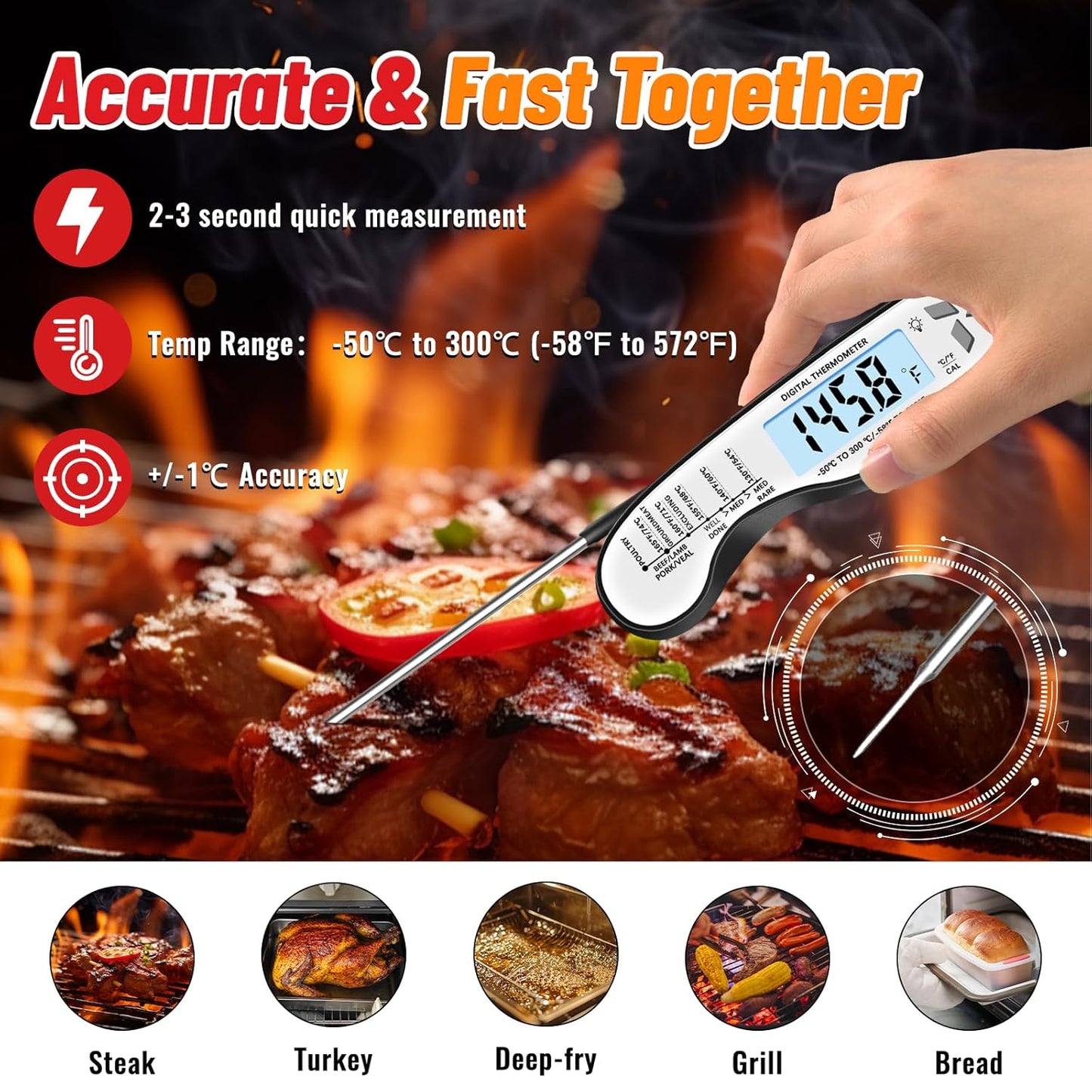 Meat Thermometer, IP67 Waterproof Digital Meat Thermometer with Backlight, Hold Function & Magnet for Grill, BBQ, Candy, Beef,Turkey，Gadgets Essentials BBQ Accessories,Mens Stocking Stuffers