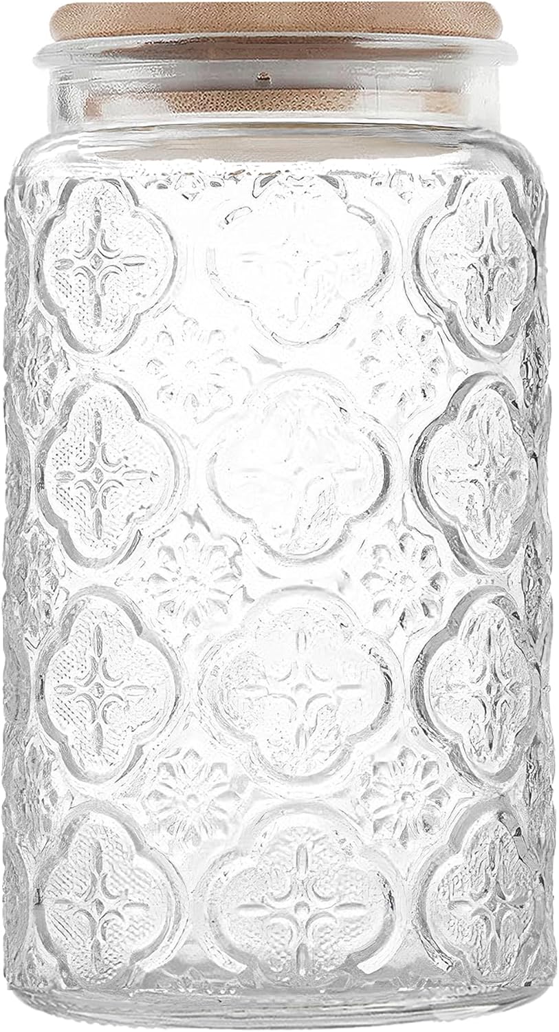 Glass Storage Jars With Airtight Lid, 35oz Canister For Kitchen Counter with Bamboo Lid, brown sugar, candy, coffee, cookie, salt, tea,pantry cute Jar (35oz Large Begonia Flowers)