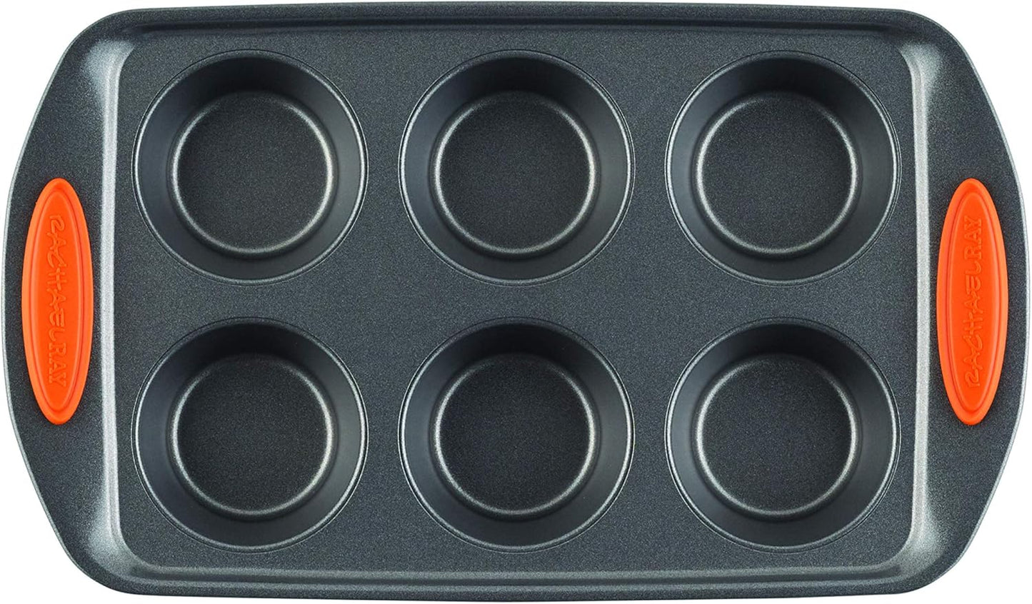 Rachael Ray Yum-o! Nonstick Bakeware Oven Lovin’ Cups Muffin Pan, 6-Cup, Gray with Orange Handles