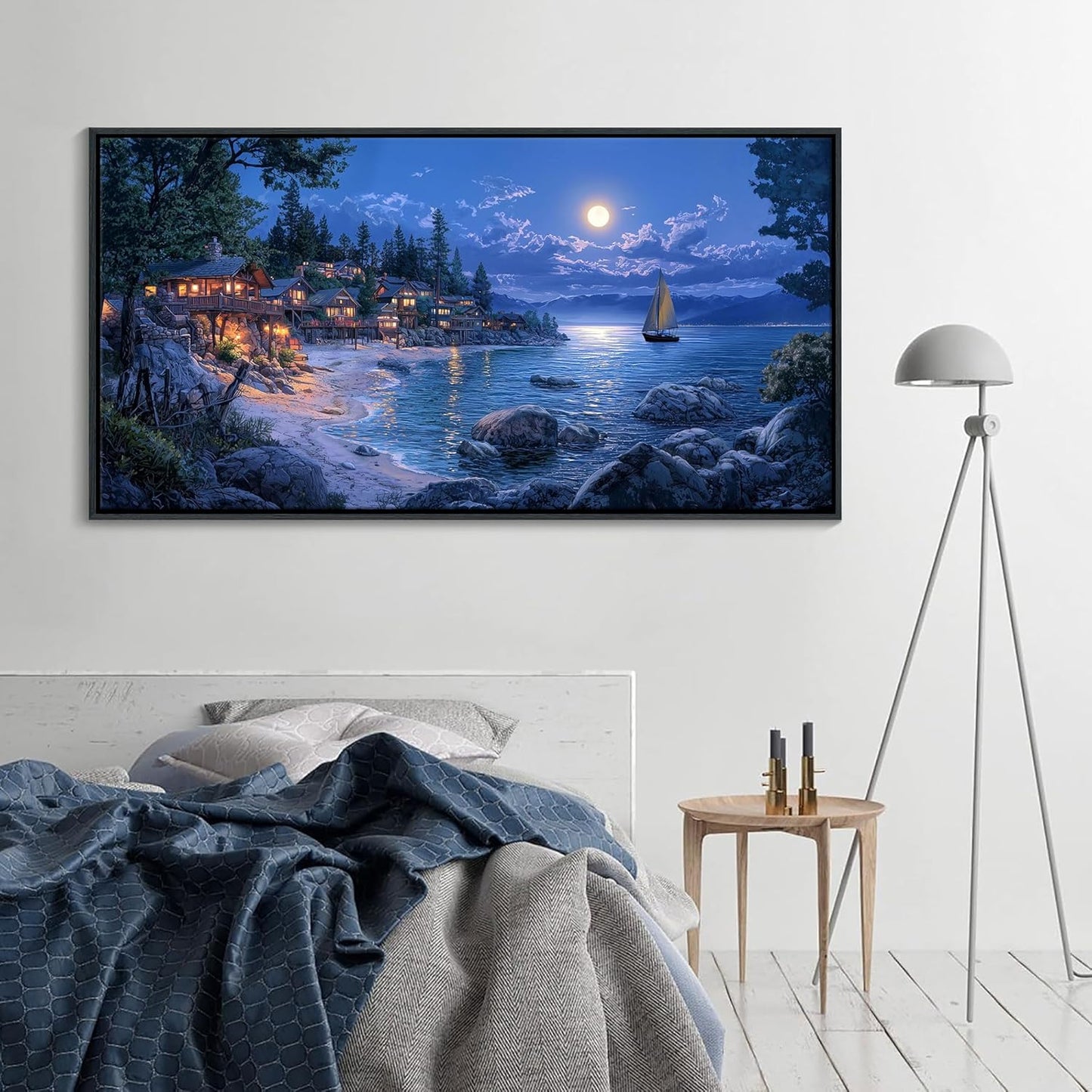CHATYOUNG Coastal Living Room Wall Art, Large Blue Ocean Moon Night Seashore Canvas Black Framed Wall Pictures Modern Artwork Wall Painting for Bedroom Living Room Kitchen Home Office Decor 29x58 IN