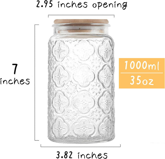 Glass Storage Jars With Airtight Lid, 35oz Canister For Kitchen Counter with Bamboo Lid, brown sugar, candy, coffee, cookie, salt, tea,pantry cute Jar (35oz Large Begonia Flowers)