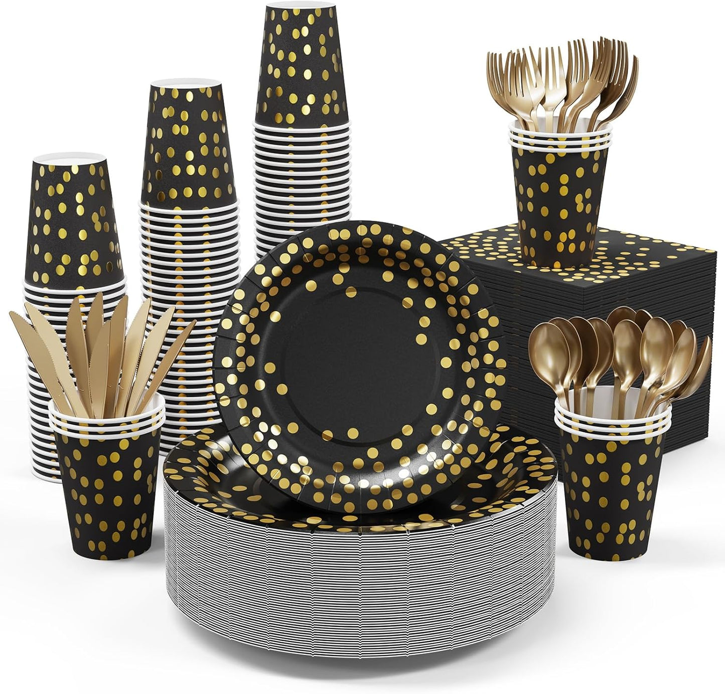 Black and Gold Party Supplies - 350 PCS Disposable Dinnerware Set - Black Paper Plates Napkins Cups, Gold Plastic Forks Knives Spoon for Halloween, Graduation, Birthday, Cocktail Party