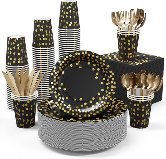 Black and Gold Party Supplies - 350 PCS Disposable Dinnerware Set - Black Paper Plates Napkins Cups, Gold Plastic Forks Knives Spoon for Halloween, Graduation, Birthday, Cocktail Party