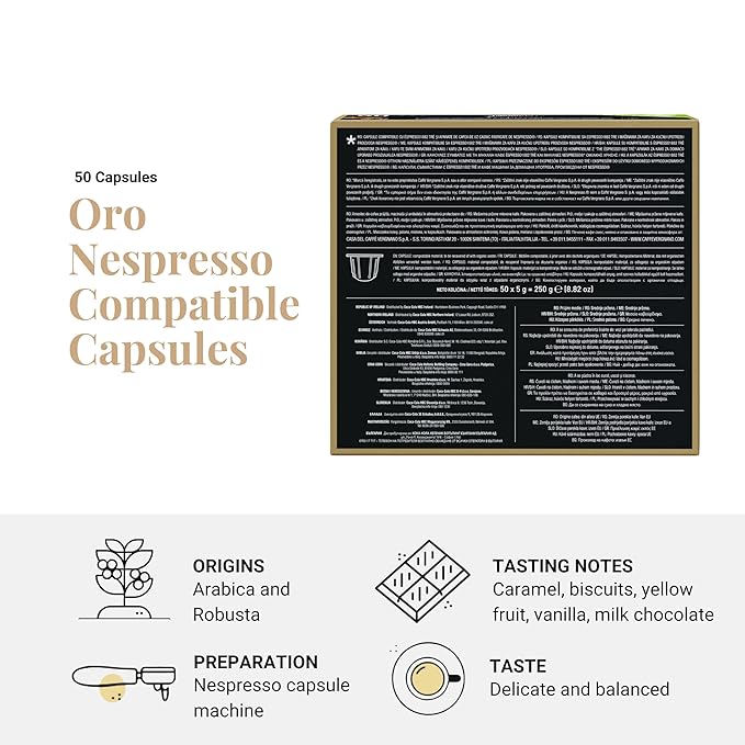 Caffe' Vergnano 1882 Medium Roast Arabica Robusta Espresso Original Line Machine Compatible Capsules, Single-Serve Italian Coffee for Nespresso Machines, Intensity 4/10, Oro, 50 Ct