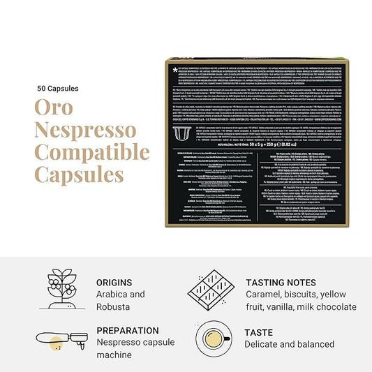 Caffe' Vergnano 1882 Medium Roast Arabica Robusta Espresso Original Line Machine Compatible Capsules, Single-Serve Italian Coffee for Nespresso Machines, Intensity 4/10, Oro, 50 Ct