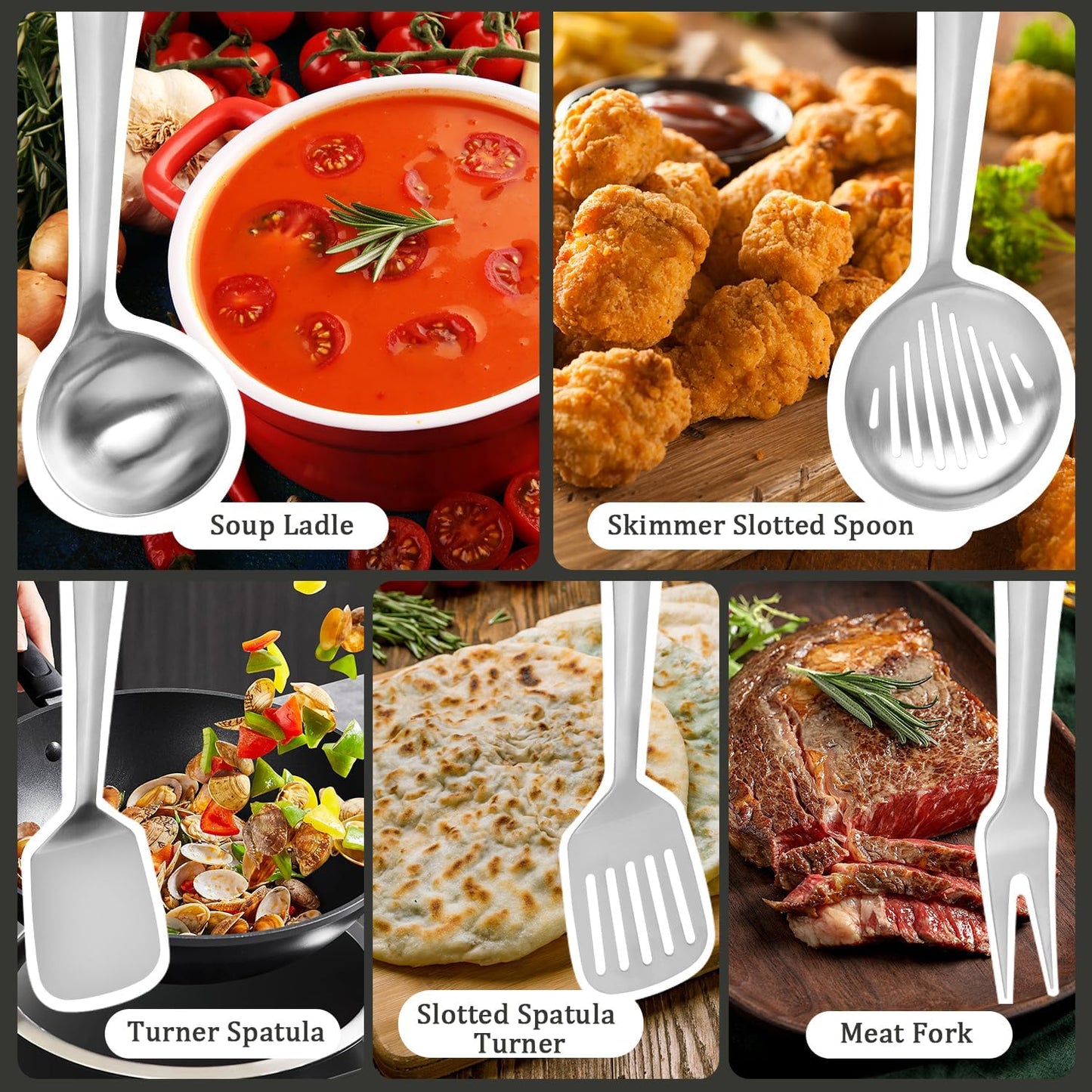 Cooking Utensils Set, Stainless Steel Kitchen Utensils Set, Durable Kitchen Gadgets- 5 PCS -Ladle, Skimmer, Slotted Turner, Solid Turner, Meat Fork