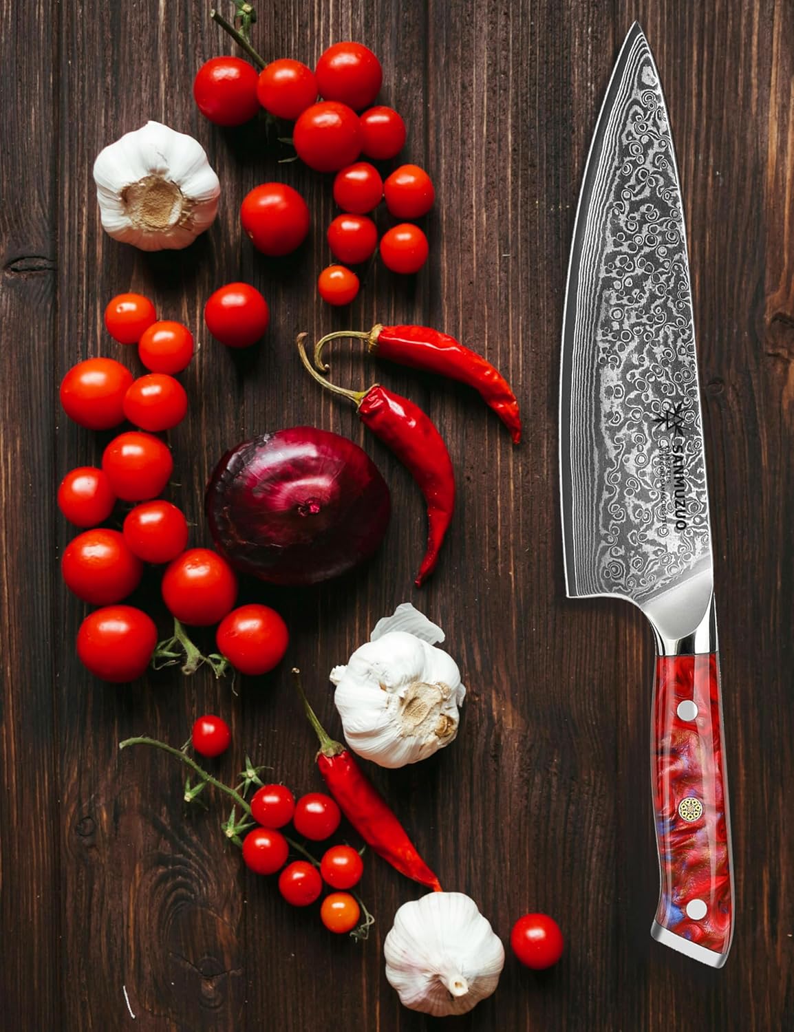 Chef Knife - 8 inch - Xuan Series - VG10 Damascus Steel Kitchen Knife - Resin Handle (Sunset Red)