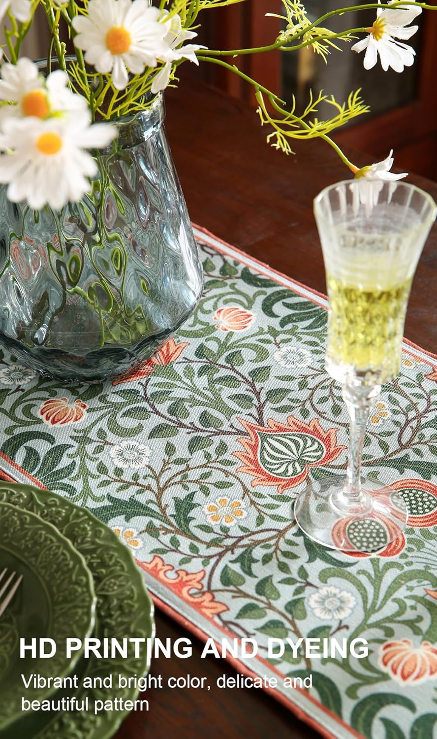 ISAENNE Designer French Green Elegant Linen Table Runner 71 Inches Long,Colorful Flower Pattern Soft Table Runners for Dining Tables,Thanksgiving,Kitchen Tables,Christmas,12"*71"-Naples B