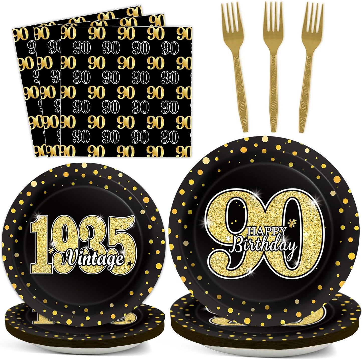 200PCS 90th Theme Birthday Party Tableware Vintage 1935 Party Supplies 90 year old Birthday Party Decorations Plates Napkins Forks Black and Gold Dinnerware Favors for Men or Women