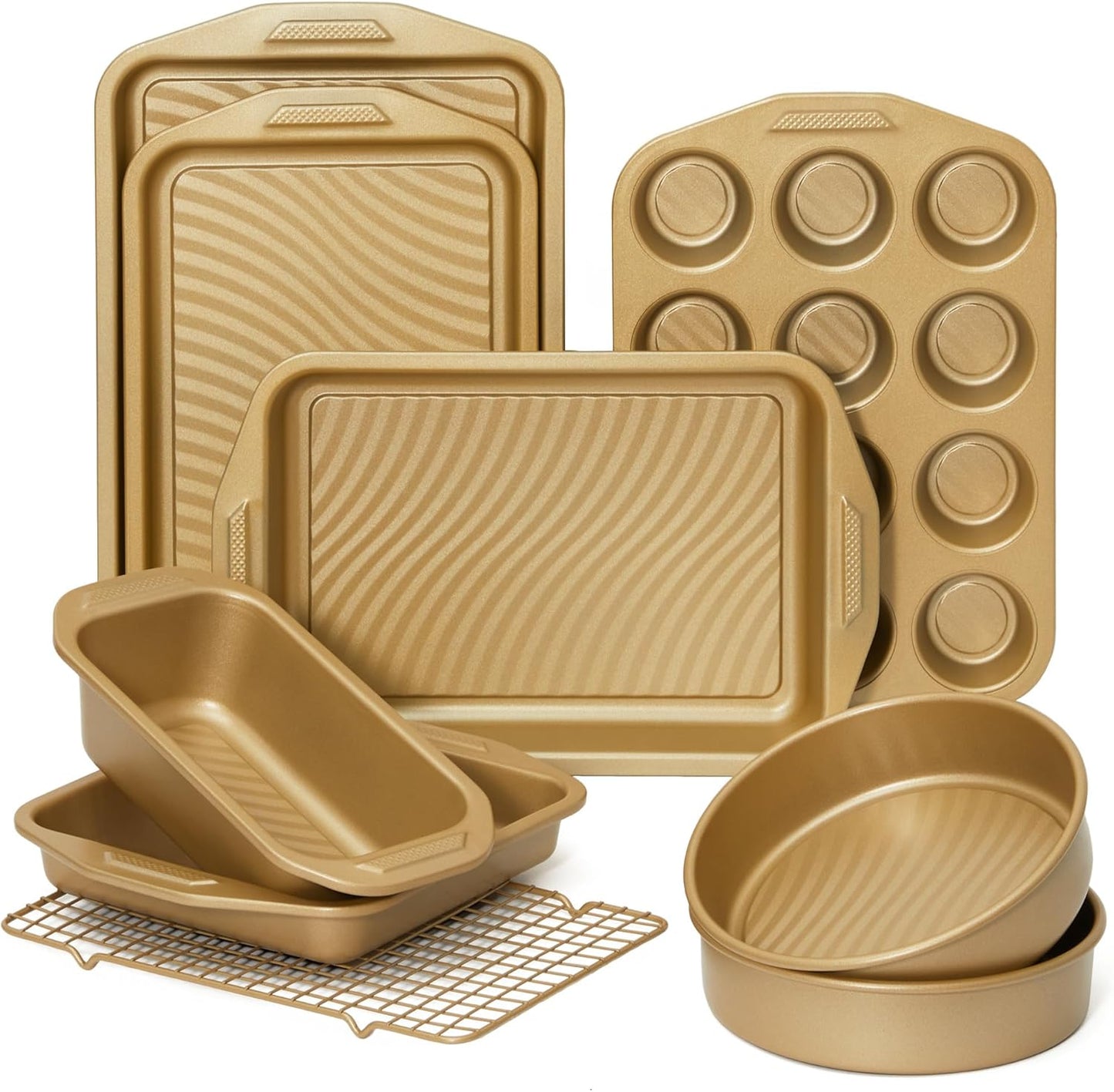 HONGBAKE 9-Piece Baking Pans Set with Wave Texture, 0.8mm Thick Bakeware Sets Non Stick, Includes Stackable Cookie Sheets for Oven Cooking, Cake Pan, Muffin Pan, Loaf Pan, Roasting Pan, Rack, Gold