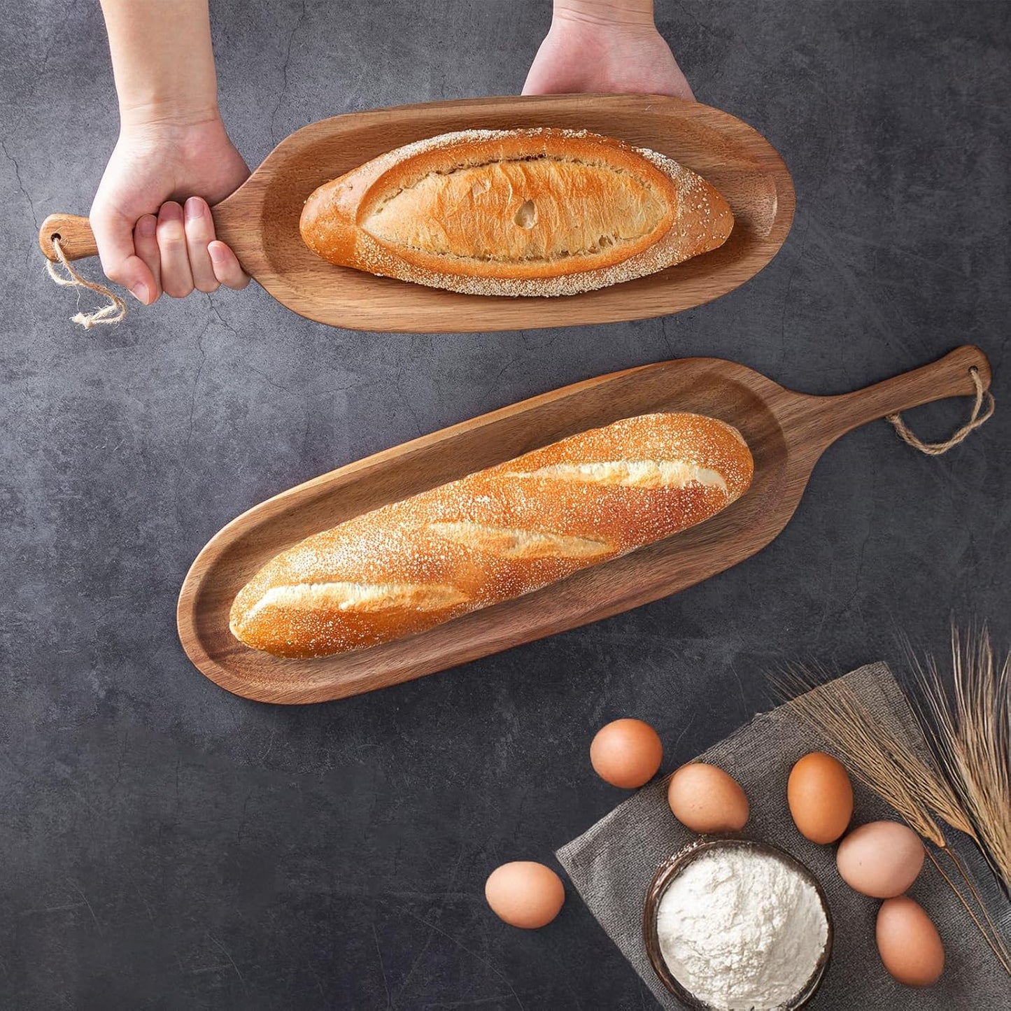 Wooden Serving Tray with Handle 2pcs Serving Plates for Meal Christmas Dinner Plates Wood Cheese Charcuterie Board for Food Meat Acacia Wood Platers for Bread Appetizer Snack(20.5" and 16.5")