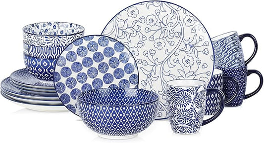 Selamica Ceramic Dinnerware Sets for 4, 16 Pieces Dishes Set, Scratch Resistant Plates and Bowls Sets, Microwave and Dishwasher Safe (Vintage Blue) A