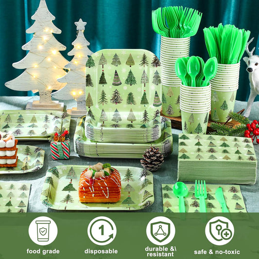 350 Pcs Paper Plates and Napkins Set Disposable Dinnerware Party Supplies Tableware Serve 50 Guest Cups Knife Forks Spoon(Green,Christmas Tree)