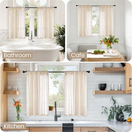 BGment Short Natural Sheer Linen Curtains 30 Inch Length for Windows, Small Drapes Lightweight Rustic Textured for Cafe Bathroom Over Sink Decor Rod Pocket, 2 Panels Set, 24 Inch Wide