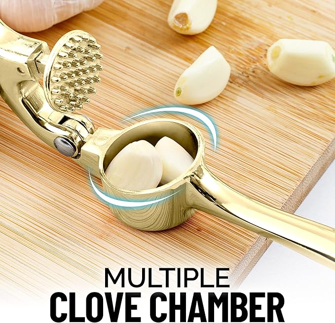 Zulay Kitchen Premium Garlic Press with Soft, Easy to Squeeze Handle - Includes Silicone Garlic Peeler & Cleaning Brush - 3 Piece Garlic Mincer Tool - Sturdy Easy to Clean Garlic Crusher (Gold)