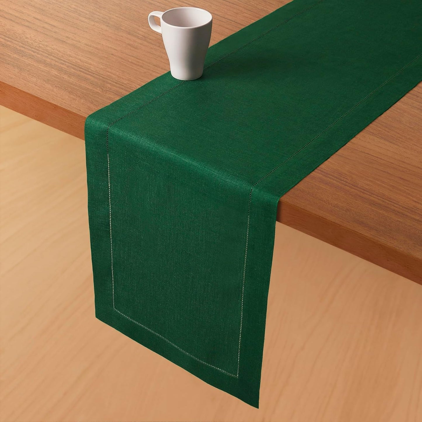 D'Moksha Homes Linen Forest Green Table Runner 90 Inches Long - Classic Hemstitch 100% Pure Linen Dining Table Runner 14 x 90 Inch for Fall, Autumn and Halloween
