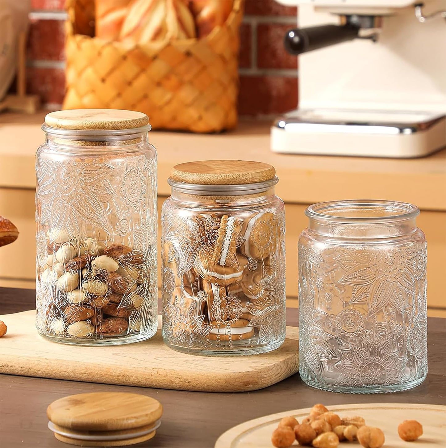 Glass Storage Jars With Airtight Lid, 35oz Canister For Kitchen Counter with Bamboo Lid, brown sugar, candy, coffee, cookie, salt, tea,pantry cute Jar (35oz Large Begonia Flowers)
