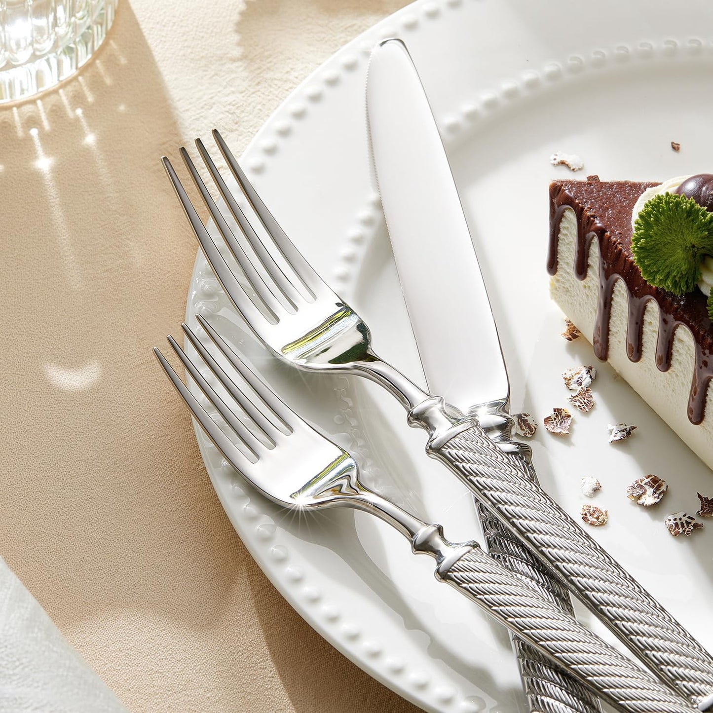 KINGSTONE Retro Rope-Pattern Silverware Set, 40-Piece Flatware Set Cutlery Set Forged with Handcrafted Texture Handles 18/10 Stainless Steel, Dishwasher Safe