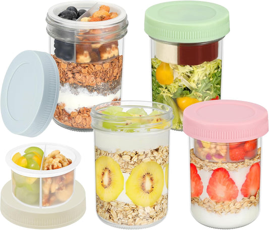 16 oz Overnight Oats Containers with Airtight Lids - 4-Pack Leak-Proof Wide Mouth Mason Jars & Divided Cups for Dried and Wet Foods, Glass Jars for Chia Pudding, Salad, Snacks, and Yogurt
