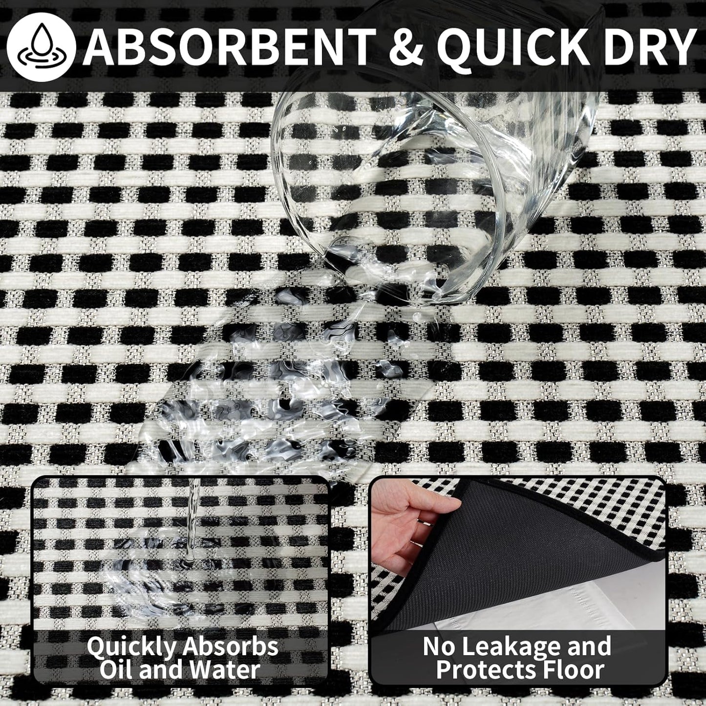 Long Kitchen Runner Rugs Kitchen Mat Non Slip Washable, Super Absorbent Soft Chenille Braided Kitchen Mats for Floor, Rubber Backing Kitchen Floor Sink Standing Mat, Easy Clean, Black 17"x71"