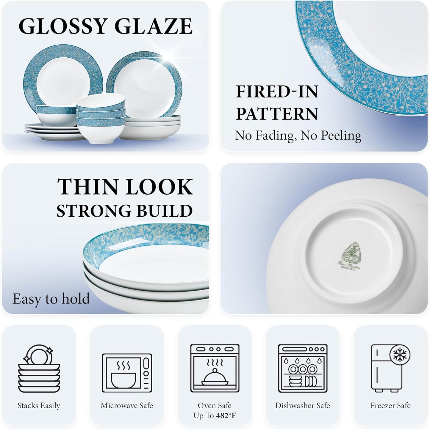 Minh Long 12-PCS Porcelain Dinnerware Set, Plates, Bowls, Service for 4, Chip & Scratch Resistant, Oven Safe up to 482°F, Non toxic, Lead & Cadmium Free, Stackable, Dishwasher & Microwave Safe